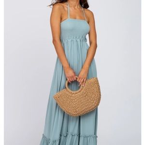 Pink blush, blue halter neck, cut out in the back, adjustable maxi dress size L